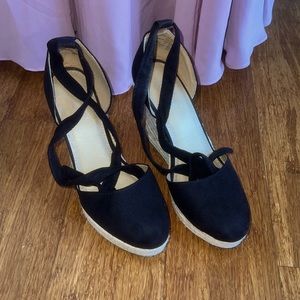 Black lace up espadrille wedges